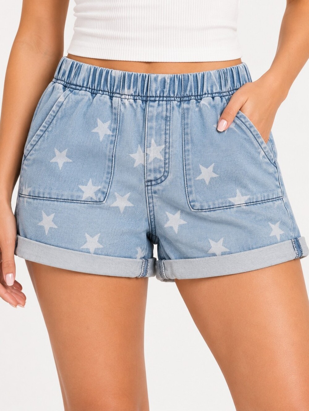 No Boundaries Large 11/13 Star Print Denim Shorts High Rise Elastic Waist Cuffed